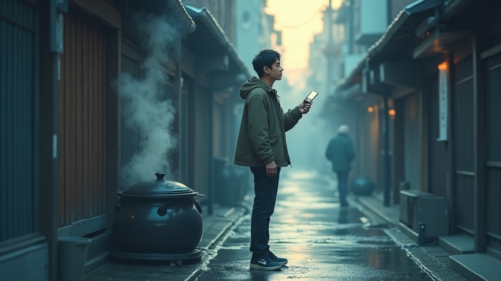 새벽 교토 뒷골목, 김이 피어오르는 두부 솥 앞에서 눈을 감은 채 녹음기를 들어 올리는 이윤재의 옆모습—골목 바닥에 물이 고여 그 실루엣이 흔들리며 비친다.