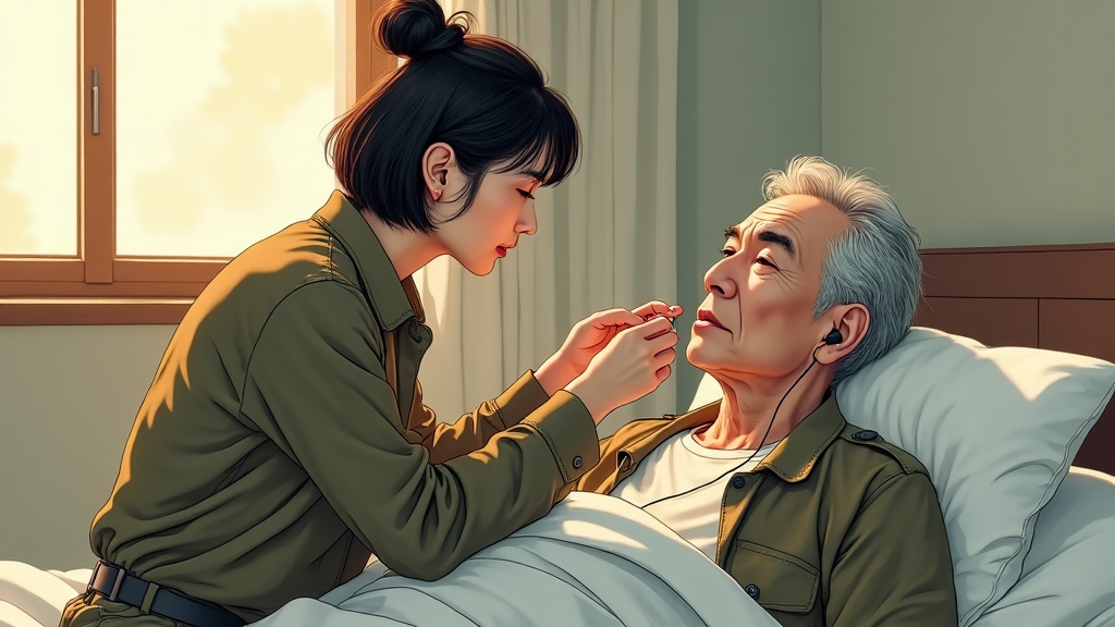 흰 침대에 누운 노인의 귀에 이어폰을 꽂아준 채, 무릎 위에 두 손을 얹고 그 얼굴을 조용히 바라보고 있는 이윤재—창문으로 기운 오후의 빛이 두 사람의 사이를 반으로 나눈다.