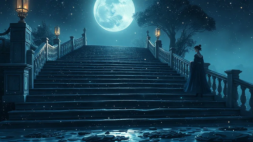 밤이슬에 젖은 돌계단, 그 끝에 호수 수면이 별빛을 머금고 떨리는 풍경.