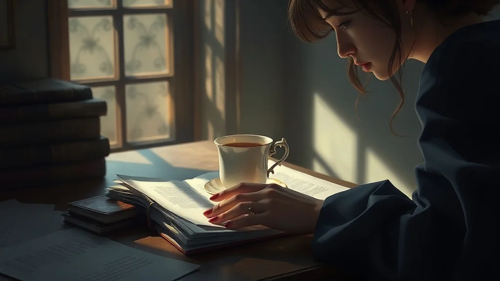 빛이 반쯤 걸쳐진 기록실—카엘의 찻잔이 서류 위에 서 있고, 그 그림자가 세리아의 손 위로 길게 뻗어 있다.