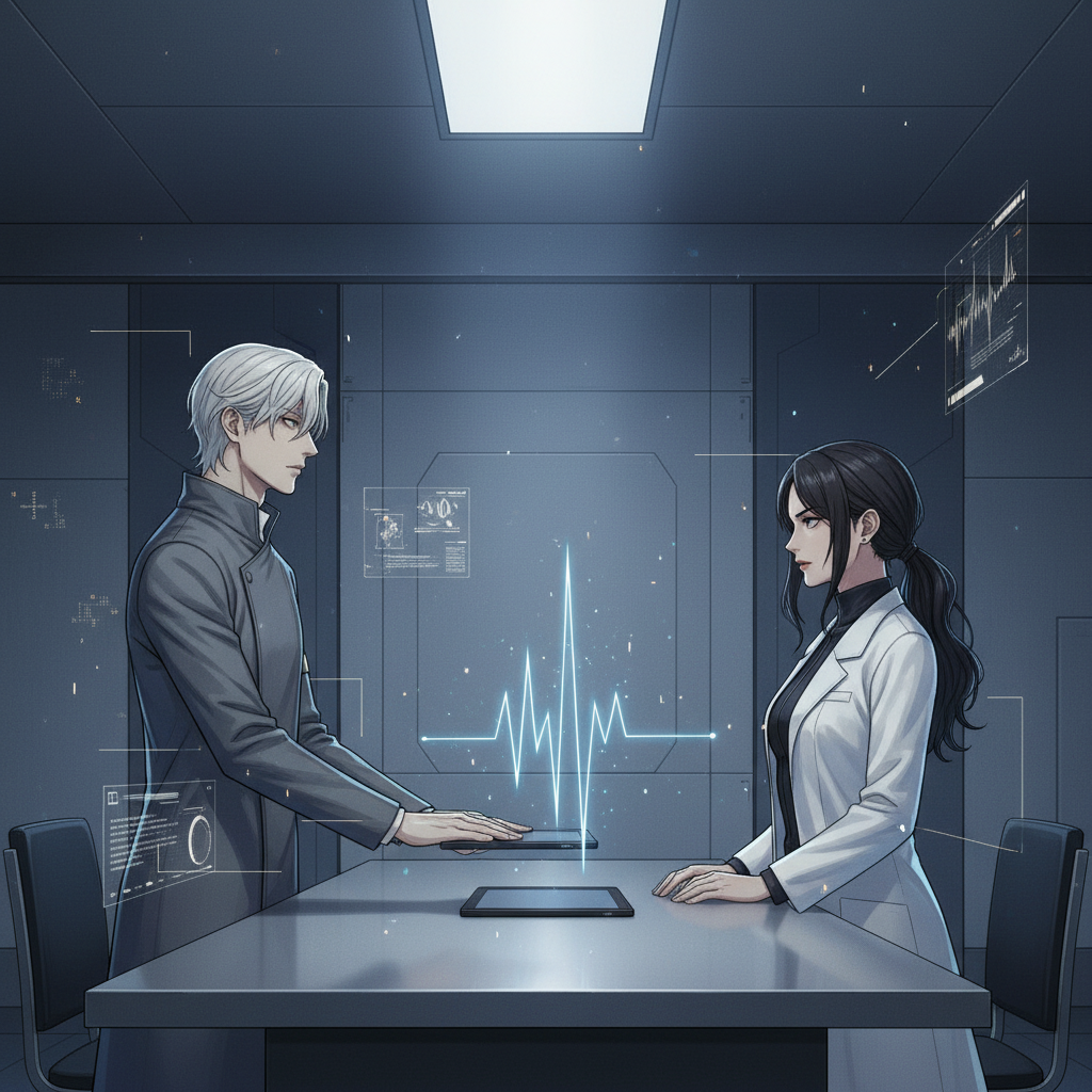 번역실 중앙, 테이블에 태블릿을 밀어놓은 채 서율과 마주 선 차세나—두 사람 사이로 KH-4200 파형이 파랗게 허공에 떠 있다
