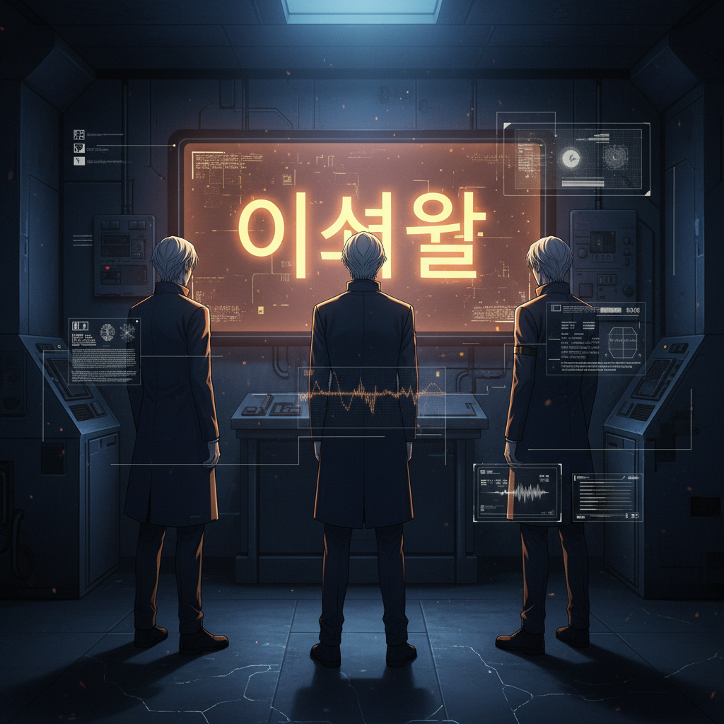어두운 번역실에 홀로 환하게 빛나는 모니터 화면, 그 위에 선명하게 떠오른 세 글자 '이서율'—화면 앞에 굳어버린 세 사람의 실루엣
