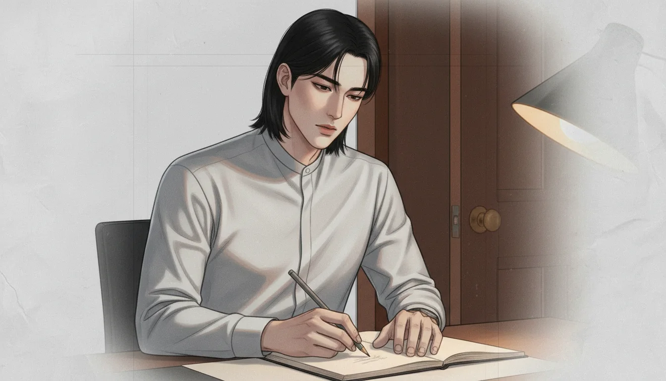 문이 닫히는 순간, 공책에 천천히 무언가를 쓰다가 다시 지우기 시작하는 작가의 손.