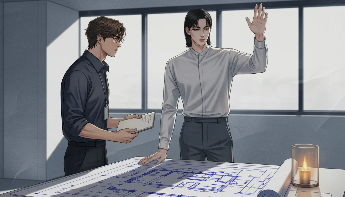 도면 위에 손을 올린 채 공중의 높이를 재듯 팔을 들어올리는 세오, 그 손끝을 수첩도 덮은 채 올려다보는 윤재의 측면.
