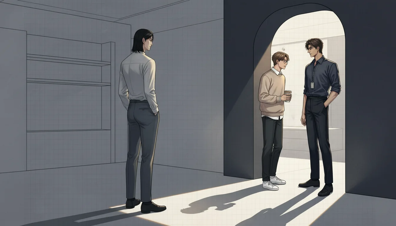작업실 문을 열고 들어선 이도현, 그를 보는 세오의 등과, 세오와 이도현 사이에 서서 두 사람 모두를 읽으려는 윤재의 옆얼굴.