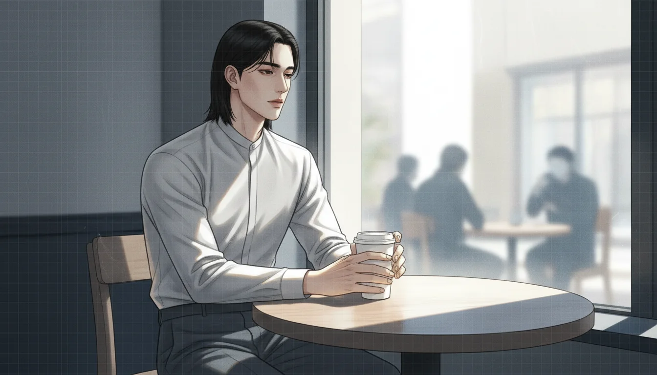 카페 창가, 이도현이 종이컵을 손으로 덮은 채 빛과 그림자의 경계 앞에 손을 올려놓고 윤재를 보는 장면