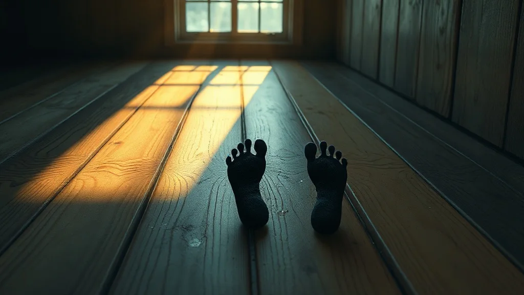 2층 나무 바닥 위, 창문을 향해 나란히 찍힌 두 개의 작은 맨발 자국—주변은 말라 있고 자국만 젖어 있다.
