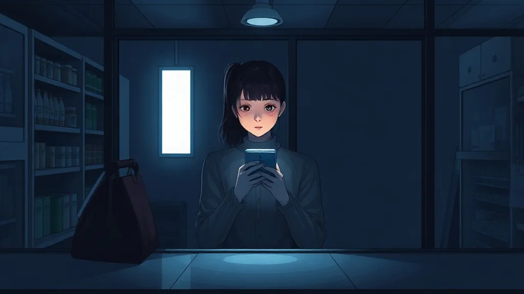 새벽 편의점 카운터, 스마트폰 화면만 환하게 빛나고 사방은 어둡다. 바깥 가로등 불빛이 유리문을 통해 기울어진 직사각형으로 바닥에 누워 있다.