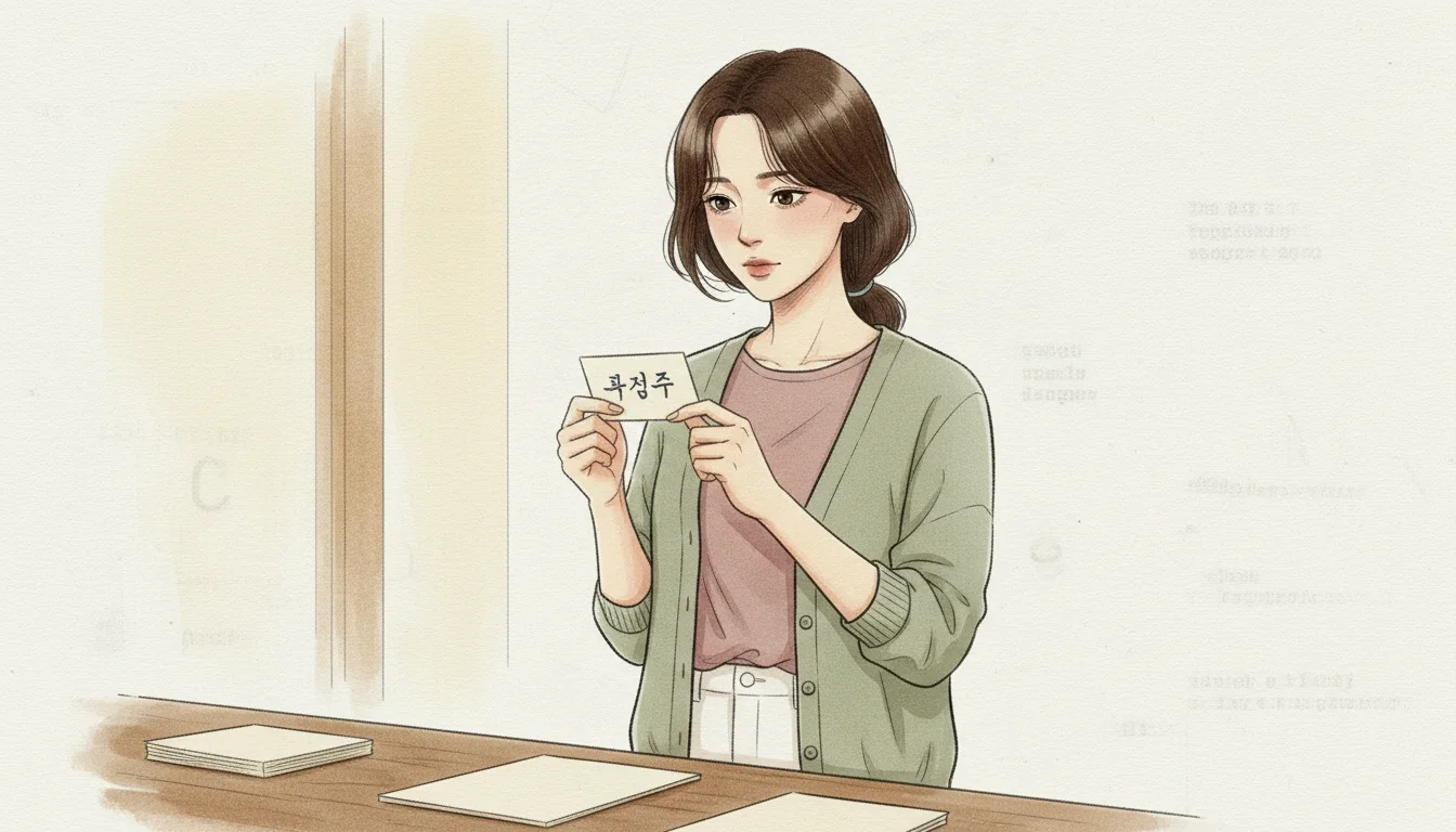인쇄소 카운터 위, 여자가 두 손으로 작은 명함 한 장을 들고 내려다보고 있고, 크림색 종이 위에 '오서하' 세 글자가 새겨진 장면