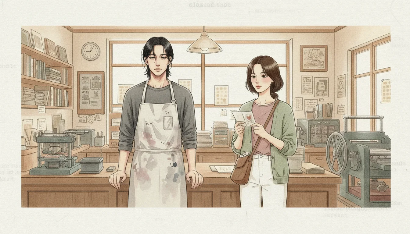 카운터를 사이에 두고, 오서하는 인쇄된 카드를 두 손으로 들고, 한결은 시선을 살짝 비껴 둔 채 — 두 사람 모두 아무 말도 하지 않고 있는 초겨울 오전의 인쇄소 안.