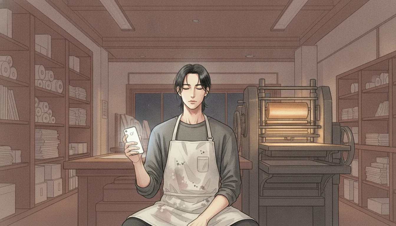 텅 빈 야간 활자사, 예열 중인 인쇄기 옆에 혼자 앉아 눈을 감은 구한결 — 열리지 않은 임윤지의 전화와, 삭제된 화면의 흰 공백만 남은 밤