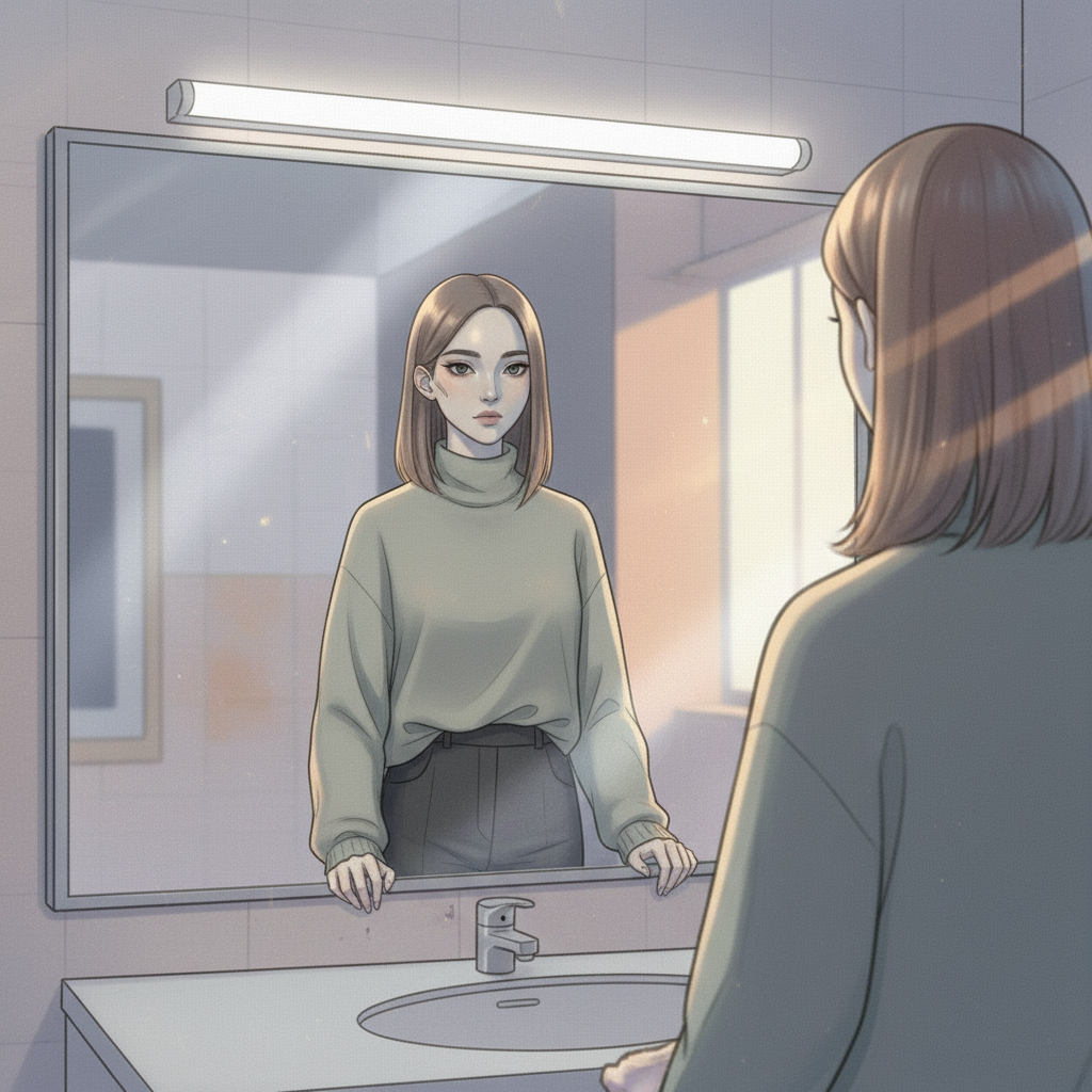새하얀 조명 아래, 거울 속에 낯선 여자의 얼굴로 서 있는 유하—자신의 두 눈만 그 얼굴 안에서 어색하게 빛난다
