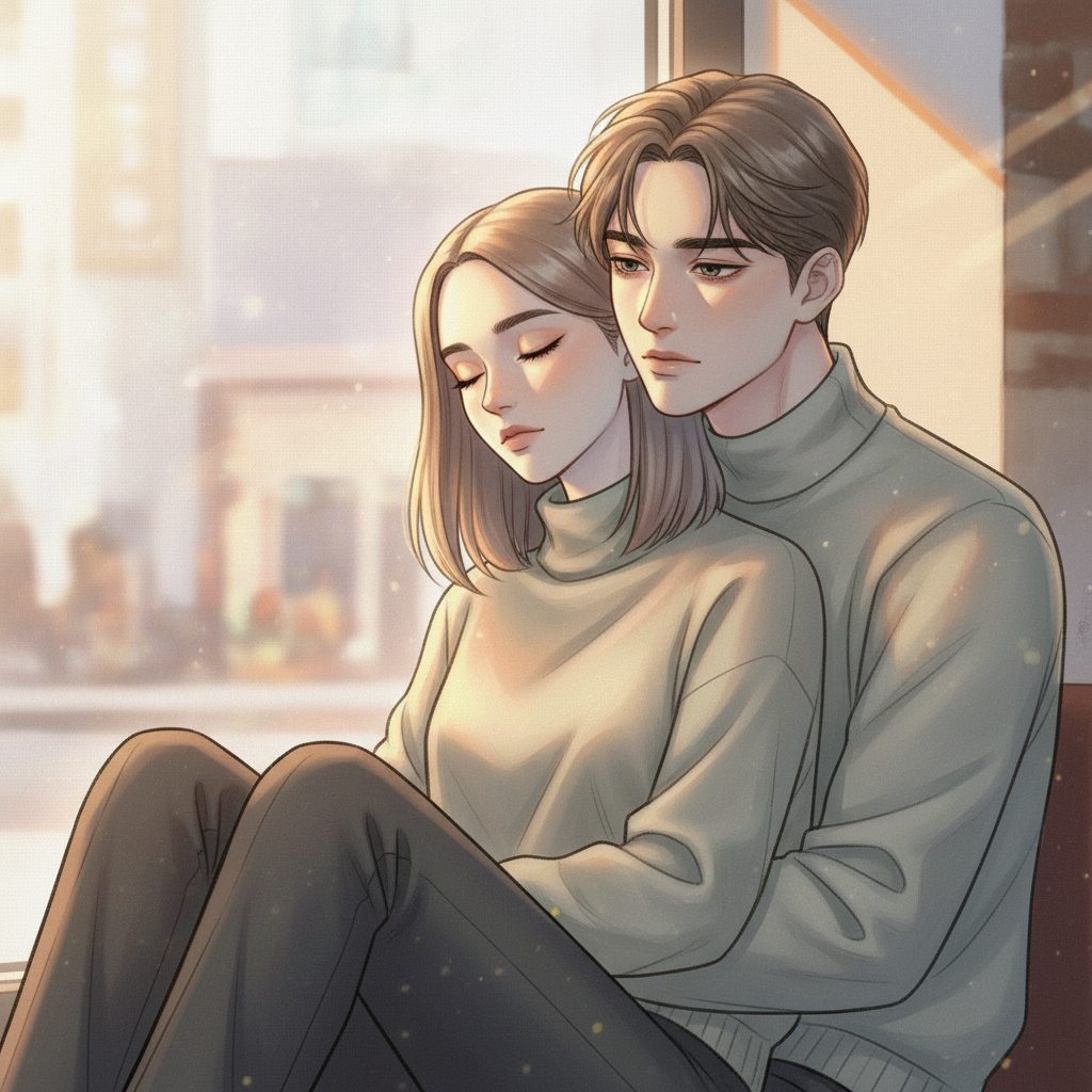 카페 창가의 오후 햇살 속, 말 한 마디 없이 유하를 끌어안는 도현—그의 눈가가 빛을 받아 위태롭게 빛난다