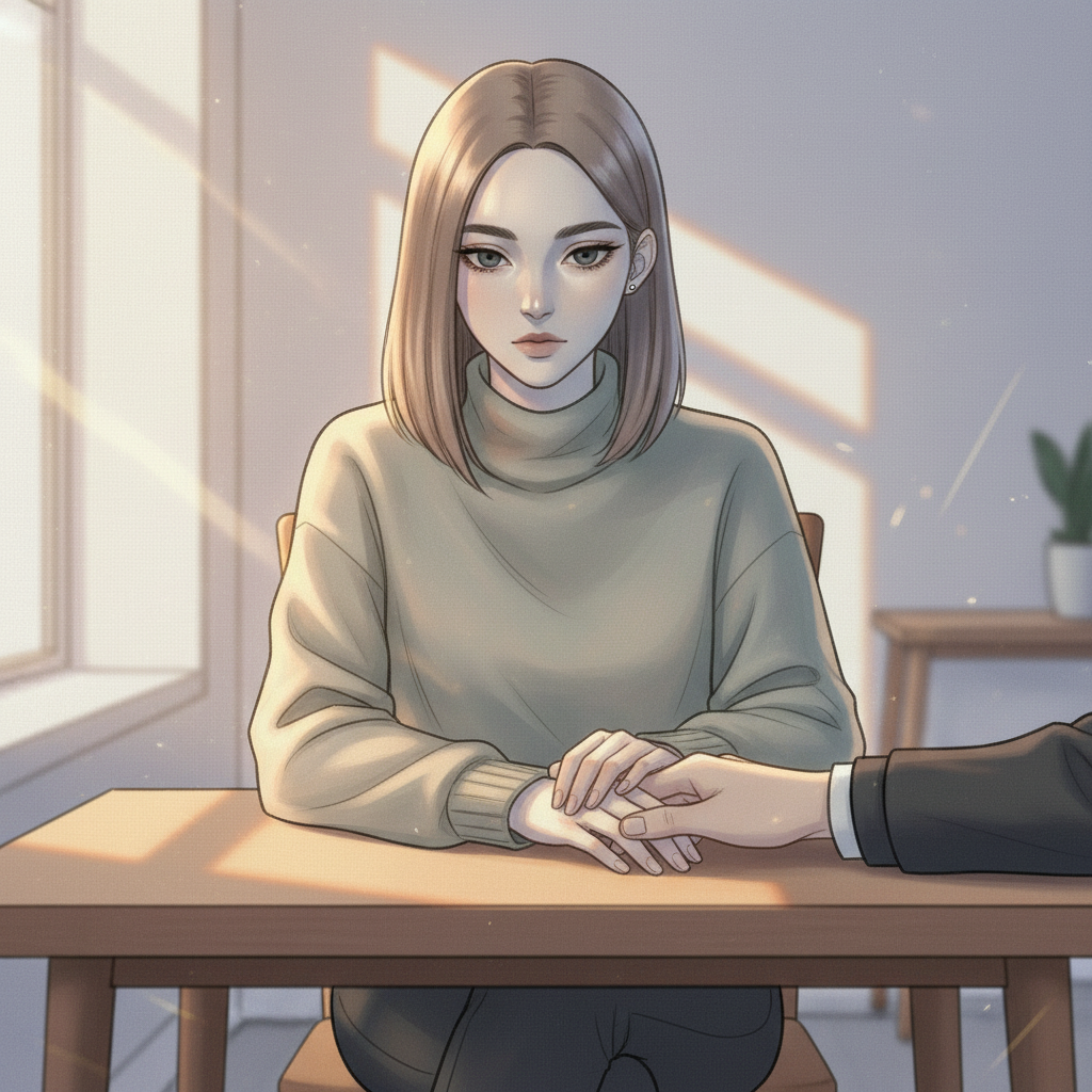 테이블 너머로 유하의 손 위에 조용히 손을 얹는 도현—창가의 빛이 그 두 손 위에 포개지며 한 장의 사진처럼 정지한다