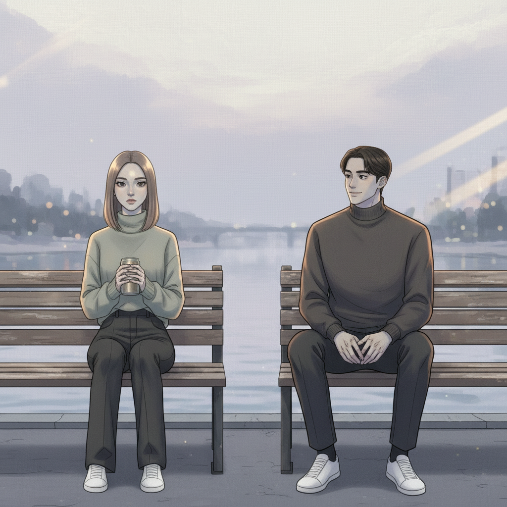 흐린 11월 하늘 아래 강변 벤치, 유하를 보며 처음으로 아주 작게 웃는 도현—유하는 손 안의 유자차 캔을 너무 세게 쥔 채 굳어 있다.