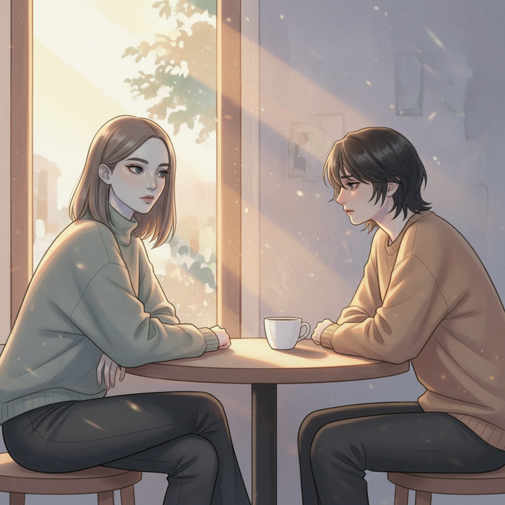 먼지 날리는 햇살 가득한 창가, 커피잔을 사이에 두고 서로를 바라보는 두 사람—한 사람은 슬프고, 한 사람은 들키지 않으려 애쓴다.