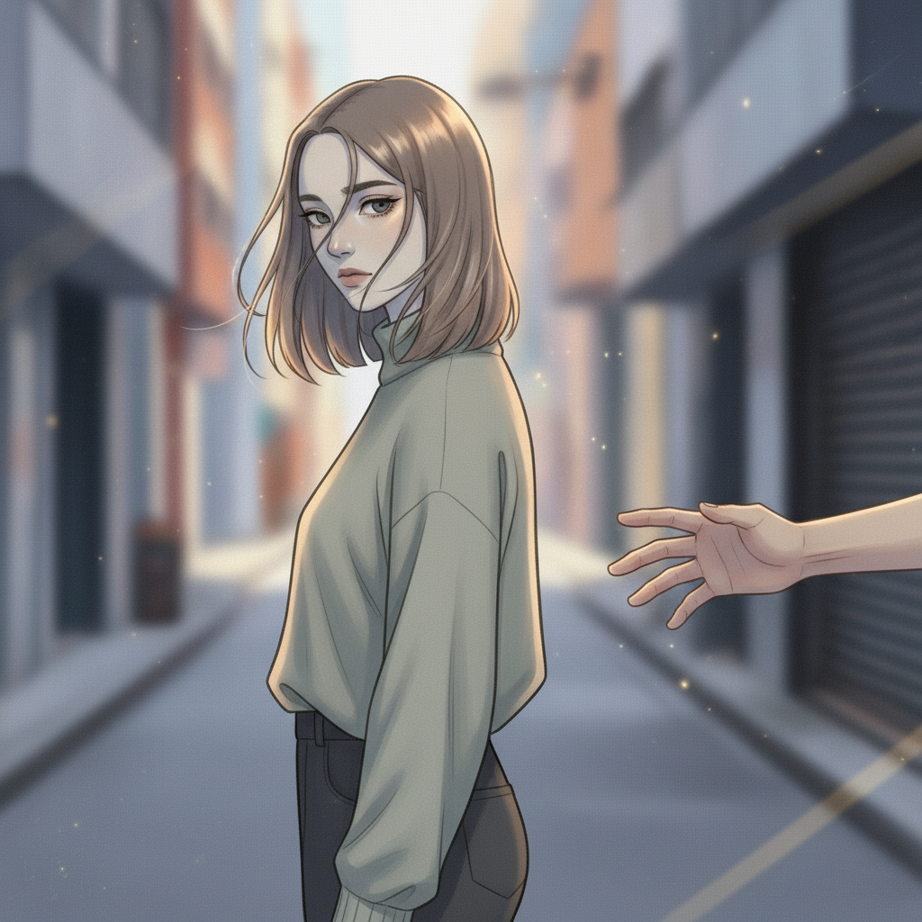골목 끝 바람에 머리카락이 흘러내리는 유하와, 손을 뻗다가 허공에서 멈춘 도현—닿지 않은 5센티미터가 화면 가득.