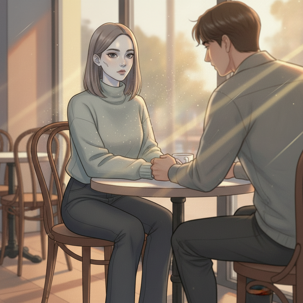 오후 햇살이 비스듬히 드는 카페 창가, 도현이 유하의 손목을 낮게 잡은 채 그녀의 눈을 들여다보는 순간—유하는 굳어 있고, 테이블 위 먼지는 빛 속에서 아무것도 모르듯 떠다닌다.