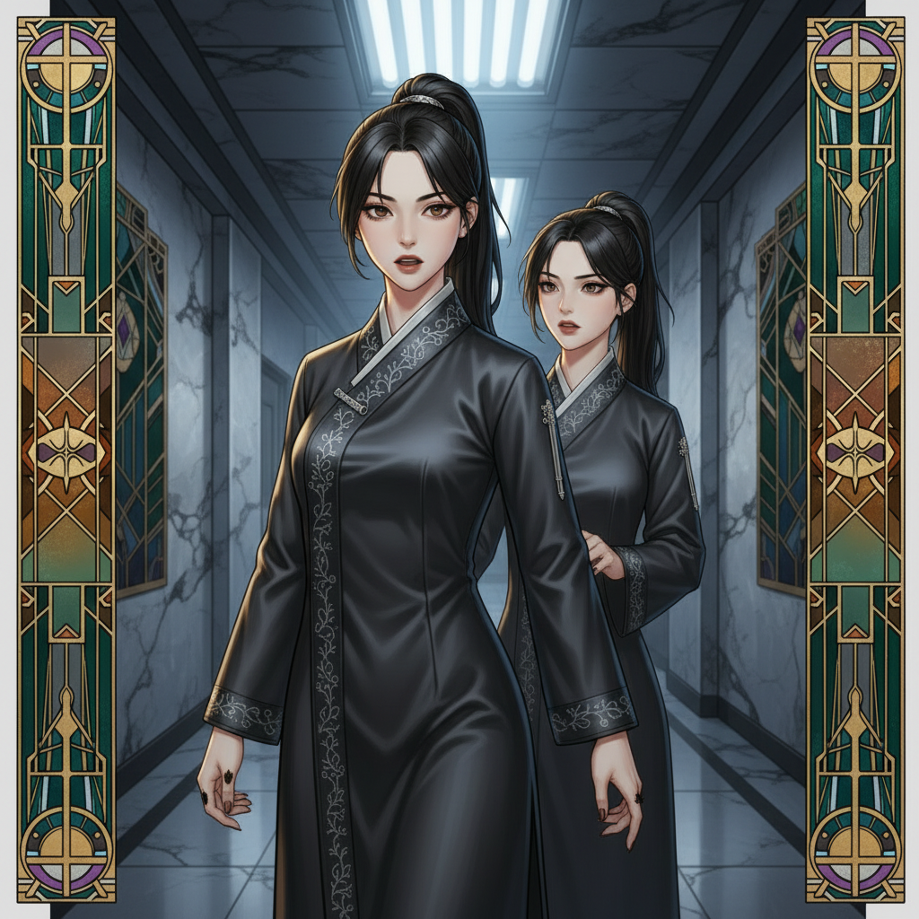 사료원 복도 한가운데서, 세리나의 입에서 나온 '볼테르'라는 단어에 마리셀이 처음으로 웃음을 잃는 순간
