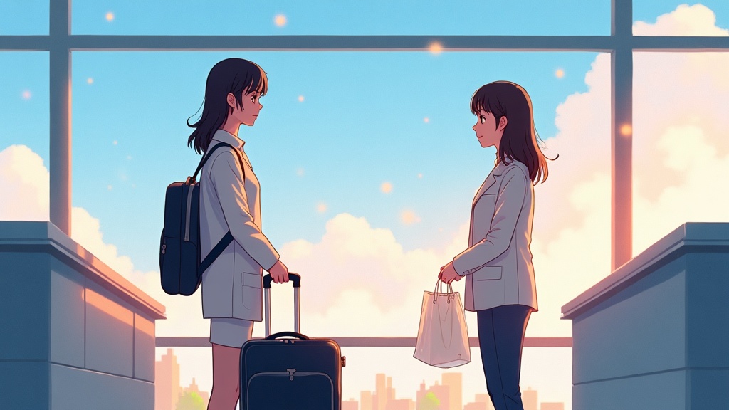 수하물 컨베이어 앞, 같은 검은 캐리어를 사이에 두고 서로를 마주보는 하은과 이무진, 이무진의 손에는 투명 비닐 봉지