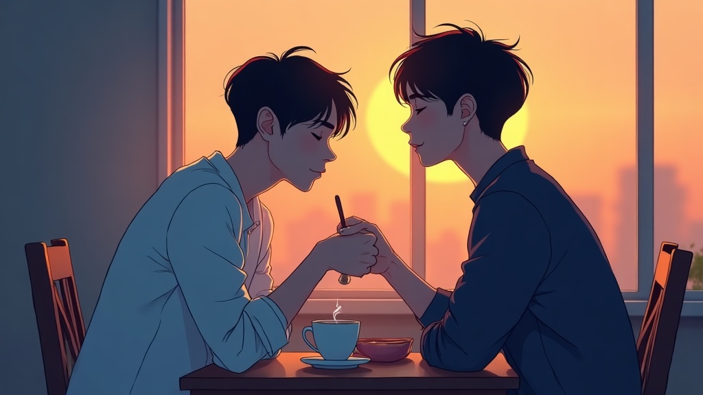새벽빛 가득한 주방에서, 강이현이 숟가락 하나를 커피 잔에 담근 채 눈을 감고 있다—그의 귀 뒤에서 파란 빛이 아주 희미하게 깜박인다.