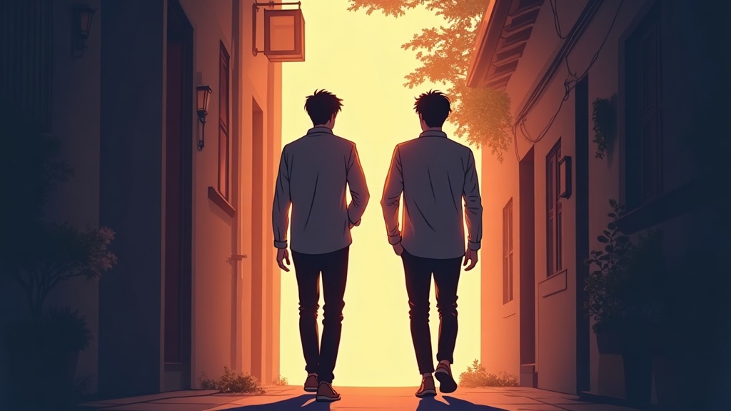좁은 골목 안, 윤서오가 등을 보인 채 빌라 입구 쪽으로 걷고, 강이현이 두 발자국 거리를 두고 그 뒤를 따른다—두 그림자가 하나처럼 포개진다.