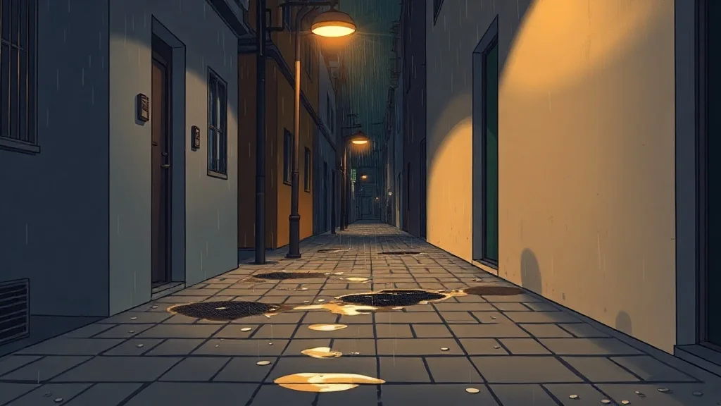 밤 골목 가로등 아래, 빗방울이 하나씩 떨어지기 시작하는 젖은 보도블록.