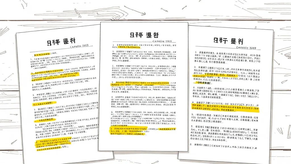 나란히 펼쳐진 세 장의 문서, 형광펜 표시가 같은 위치에 반복되는 조항들