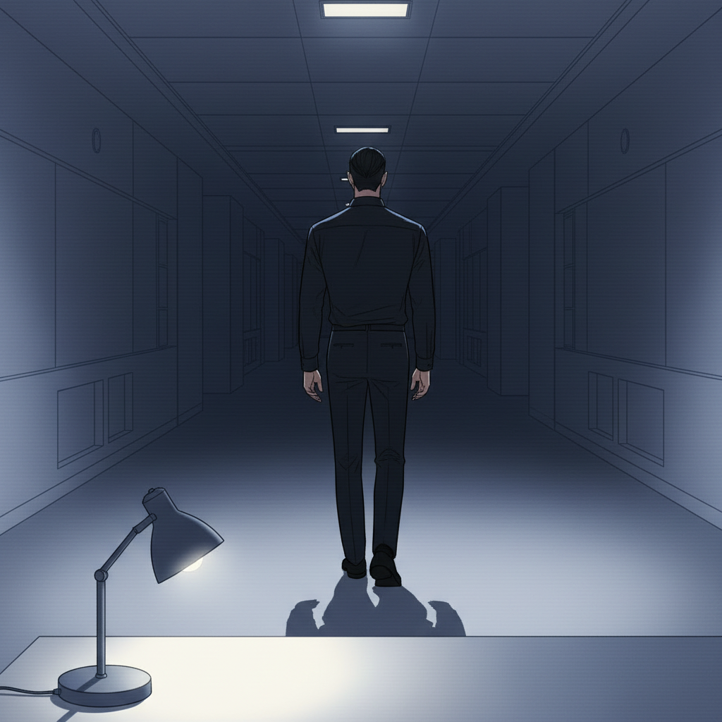 새벽 복도 어둠 속으로 발을 내딛는 강이준의 뒷모습, 등 뒤로 스탠드 불빛이 길게 그림자를 끌어당기는 장면