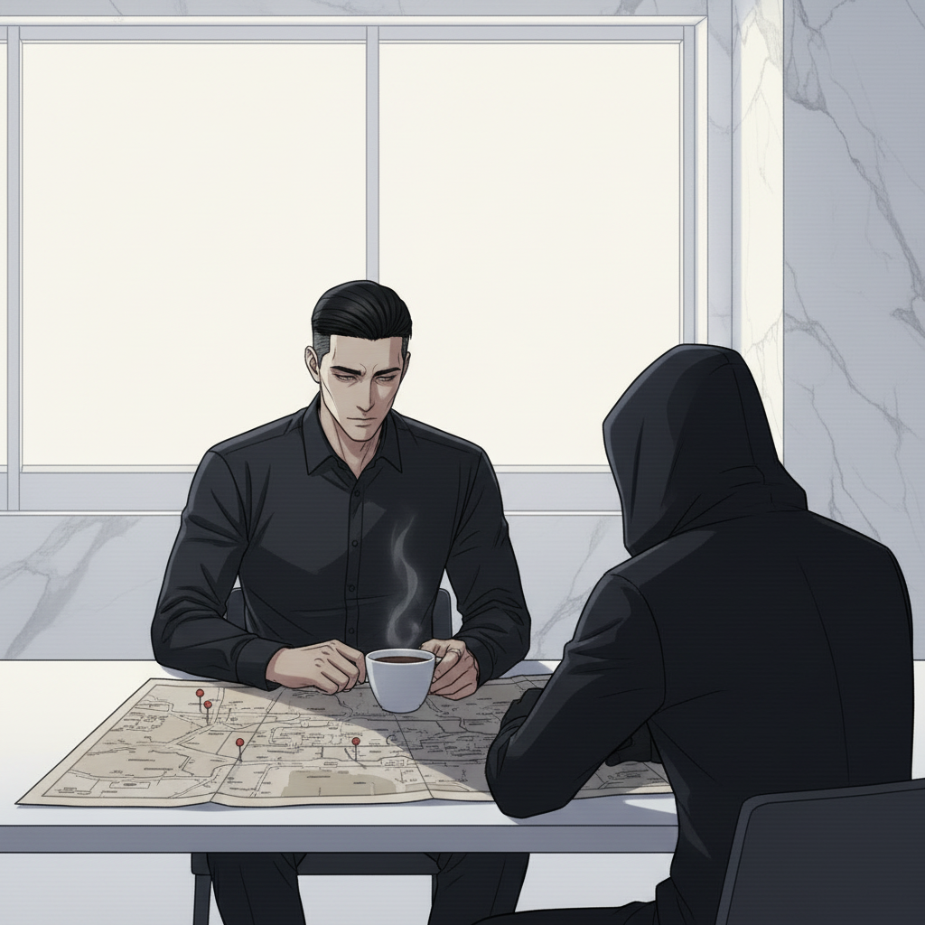 새벽 아지트의 지도 앞, 커피잔을 사이에 두고 서로를 탐색하듯 바라보는 두 사람 — 테이블 위에 핀이 꽂힌 지도가 펼쳐져 있고, 두 사람의 눈빛에는 알면서도 말하지 않는 긴장이 팽팽하다