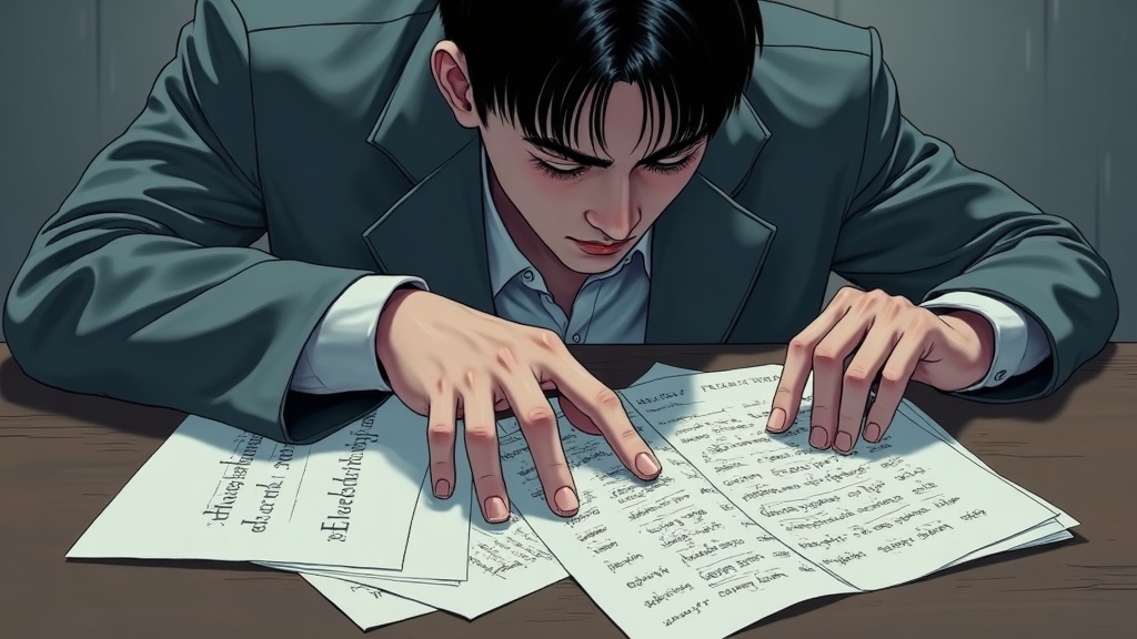 형광등 아래 감정실 테이블, 류세온의 창백한 손이 빼곡한 연필 악보 위에 얹혀 있고, 그 아래 마지막 페이지에 '이건 끝나지 않았다'는 문장이 선명하게 눌려 있다