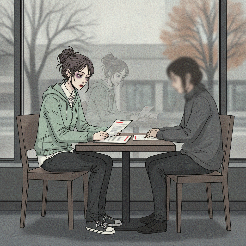카페 창문 너머로 보이는 흐린 가을 거리—두 사람이 마주 앉은 테이블 위에 펼쳐진 서류들 위로 빨간 밑줄이 그어져 있고, 유리창에는 이현의 얼굴이 흐릿하게 반사된다