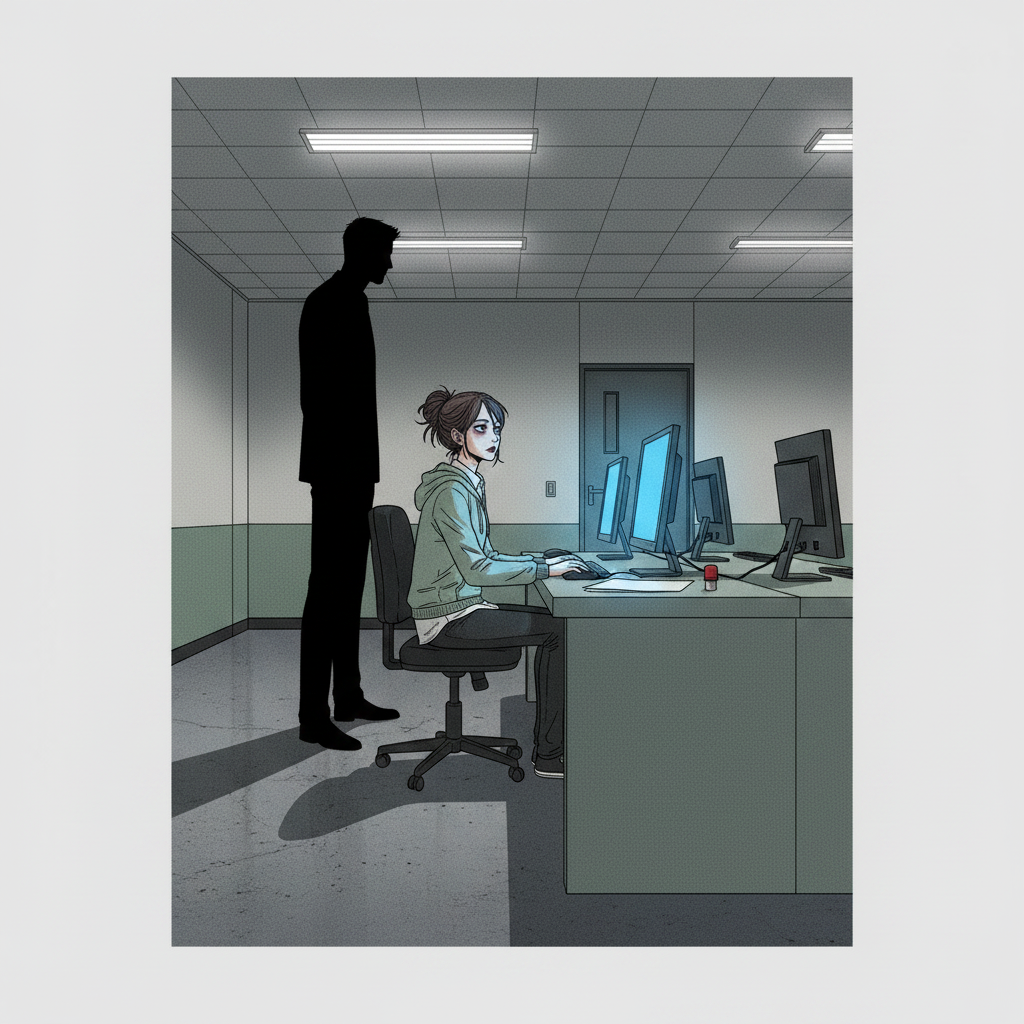 야간 PC방의 파란 모니터 불빛 아래, 오민서가 카운터에서 고개를 들어 입구를 바라보고—그 뒤로 들어서는 남자의 긴 그림자
