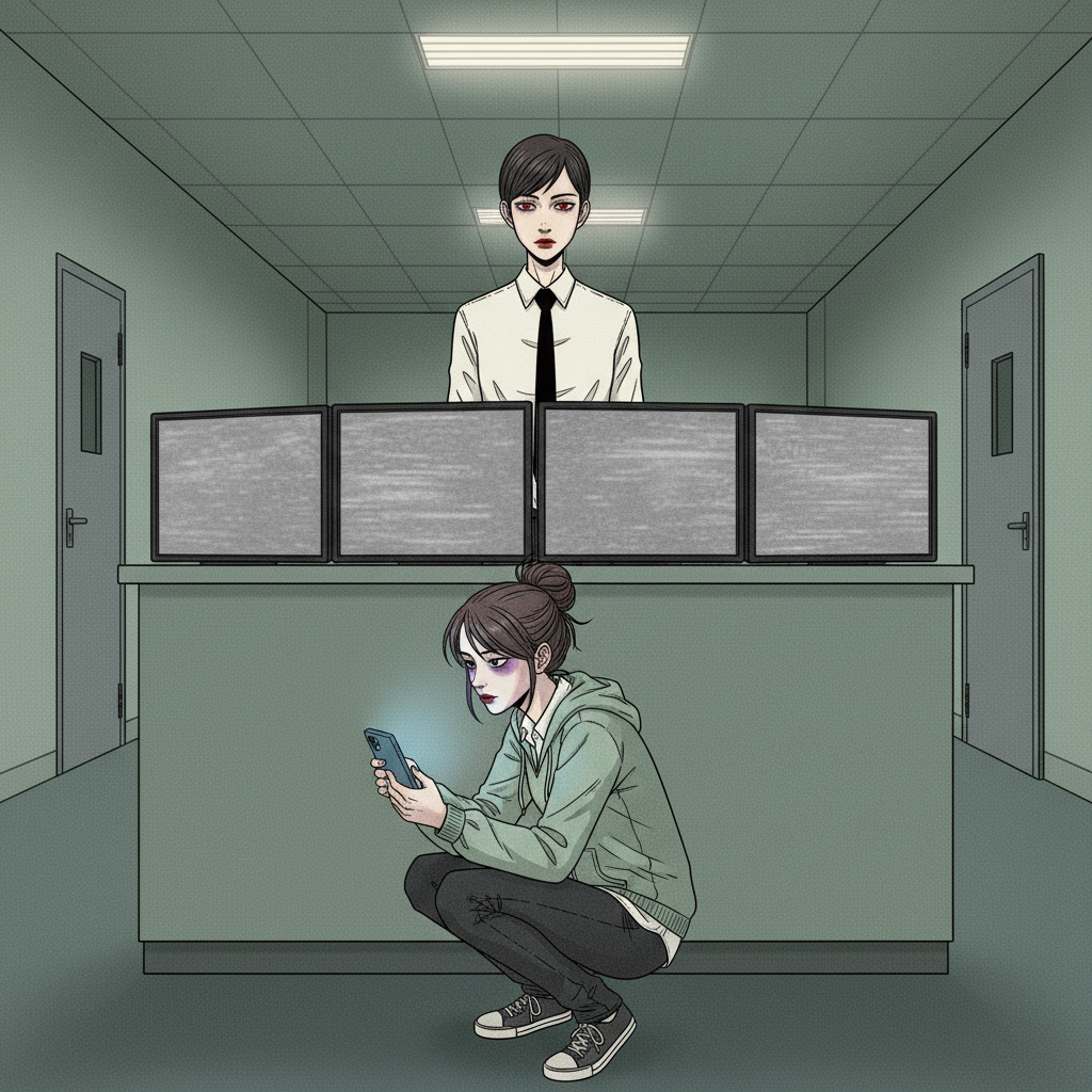 카운터 아래 몸을 낮춘 채 핸드폰 화면을 응시하는 이현과, 그 위에서 CCTV 모니터를 눈으로 찌르듯 바라보는 민서.