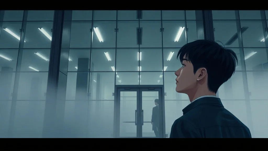 새벽안개가 낮게 깔린 서울 법원청사, 유리 외벽에 아직 켜지지 않은 복도 형광등이 희미하게 번진다