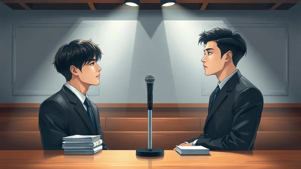 정적이 흐르는 법정 안, 형광등 아래 놓인 마이크 하나와 그 옆에 반듯하게 정렬된 서류들