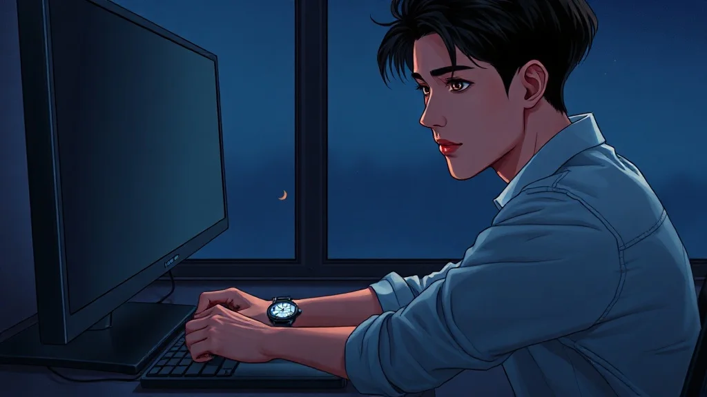 자정의 사무실, 꺼진 화면이 반사되는 창문과 그 앞에 놓인 손목시계 하나