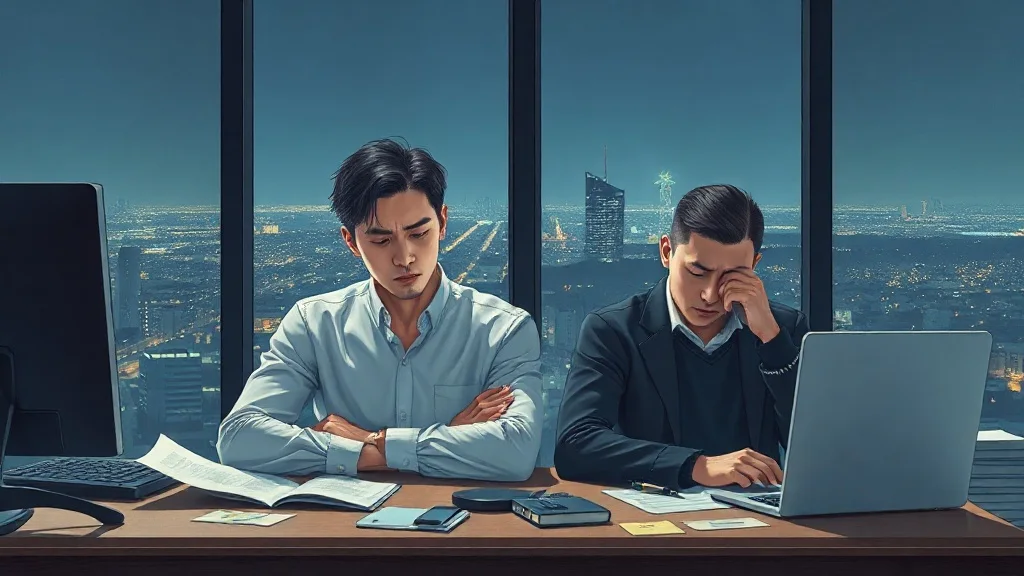 새벽 세 시의 사무실 창가, 도시 야경이 유리에 비치는 가운데 펼쳐진 서류 더미와 형광등 빛에 바랜 포스트잇들