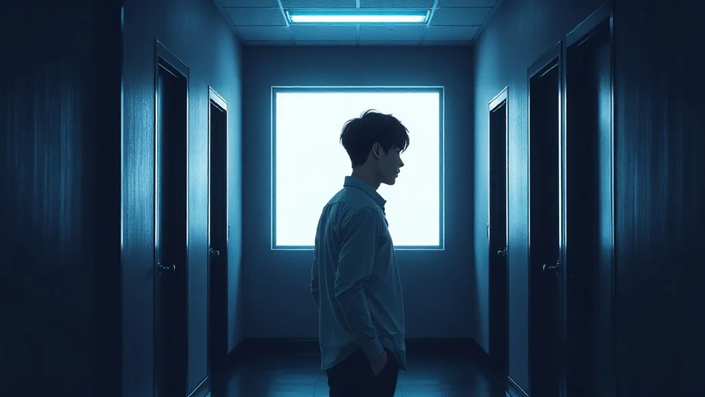 밤의 사무실 복도, 소등된 개인 사무실들 사이 혼자 켜진 창문 하나—안에서 새어나오는 형광등 빛