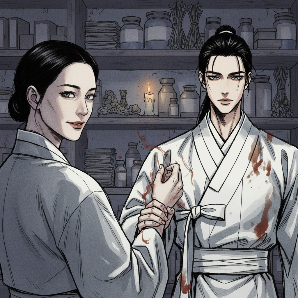 낡은 약방 안쪽, 창백한 얼굴의 장정 손목을 무표정하게 쥔 채 눈만 가늘게 뜨고 있는 백서언 — 입 끝에 아주 작은, 차가운 미소.