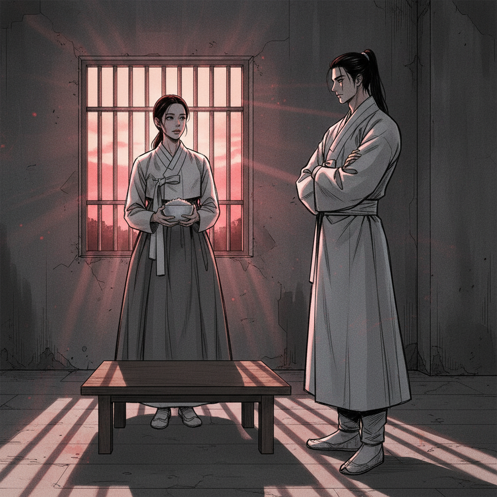쇠창살 너머 붉은 저녁노을이 쏟아지는 방 안, 밥그릇을 든 백서언과 그 맞은편에 팔짱 낀 채 서 있는 설무혼, 두 사람 사이 빈 탁자