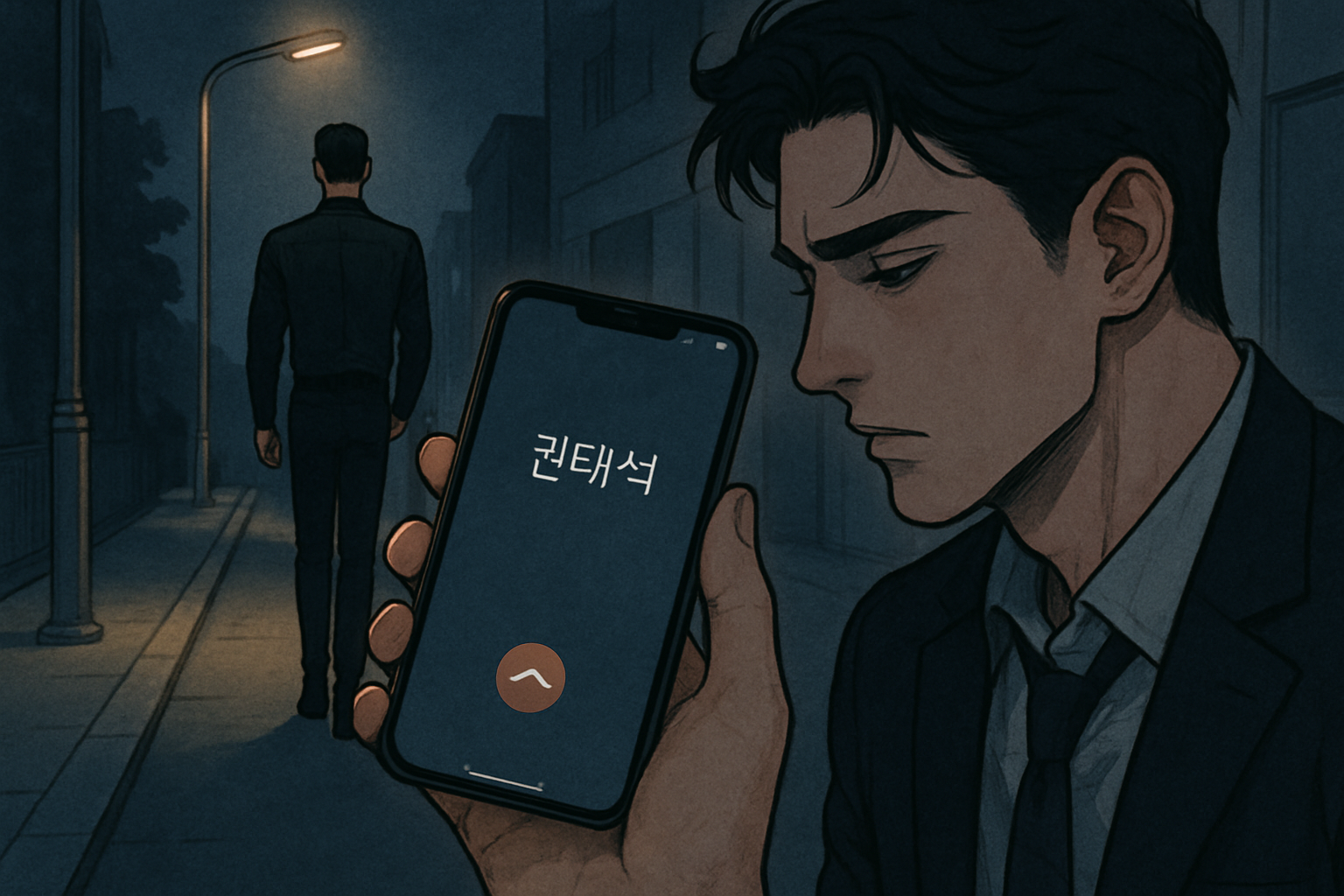 가로등 아래 혼자 걸어가는 재윤의 뒷모습을 바라보며 핸드폰 화면에 '권태석'이라는 이름을 띄운 한수정의 손.