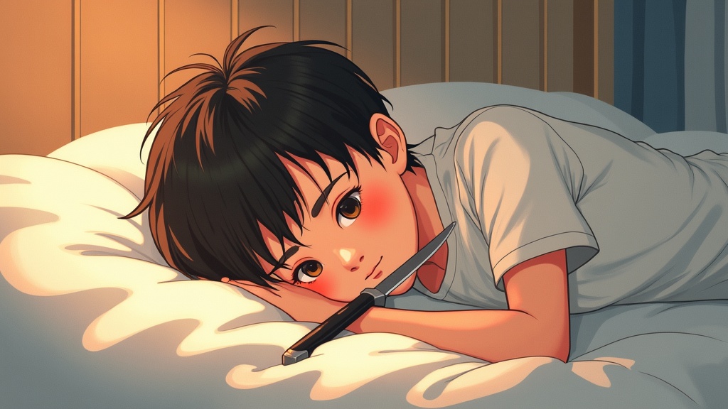 칼날이 목에 닿은 채 침대에 누운 소년이, 조용히 웃고 있다 — 마치 이미 끝난 게임의 패를 쥔 것처럼.