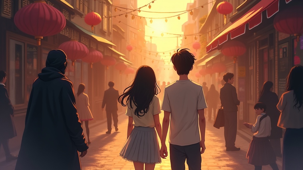 황도 시장 거리, 오후의 인파 속을 걷는 카이와 세라 — 카이의 시선이 모퉁이 그늘 속의 검은 외투 실루엣을 포착하는 순간, 빛과 그림자의 경계