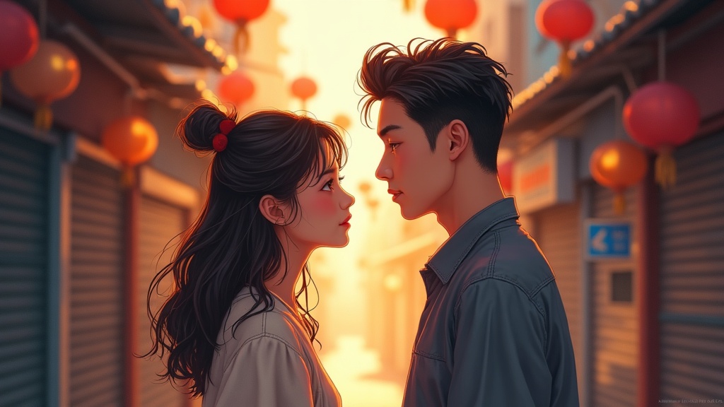 황도 시장 골목, 카이가 베르의 눈을 똑바로 붙들며 그의 오래된 죄책감을 정확히 짚어내는 순간 — 베르의 미소가 처음으로 멈추고, 두 사람 사이의 공기가 칼날처럼 팽팽하다.