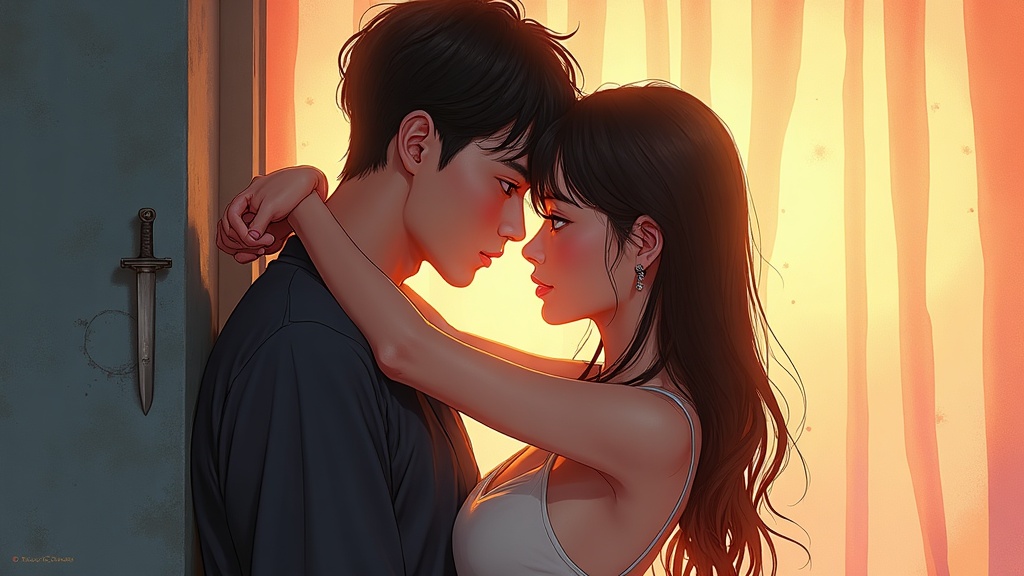 세라가 온몸으로 카이를 감싸 쥔 순간 — 검은 실이 달린 암기가 세라의 어깨 바로 옆 벽에 박히고, 두 사람의 눈이 0.3초 동안 맞닿는다.